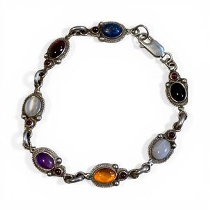 Boma 925 Sterling Silver Multi Gemstone Cabochon Link Bracelet Signed 6 3/4”